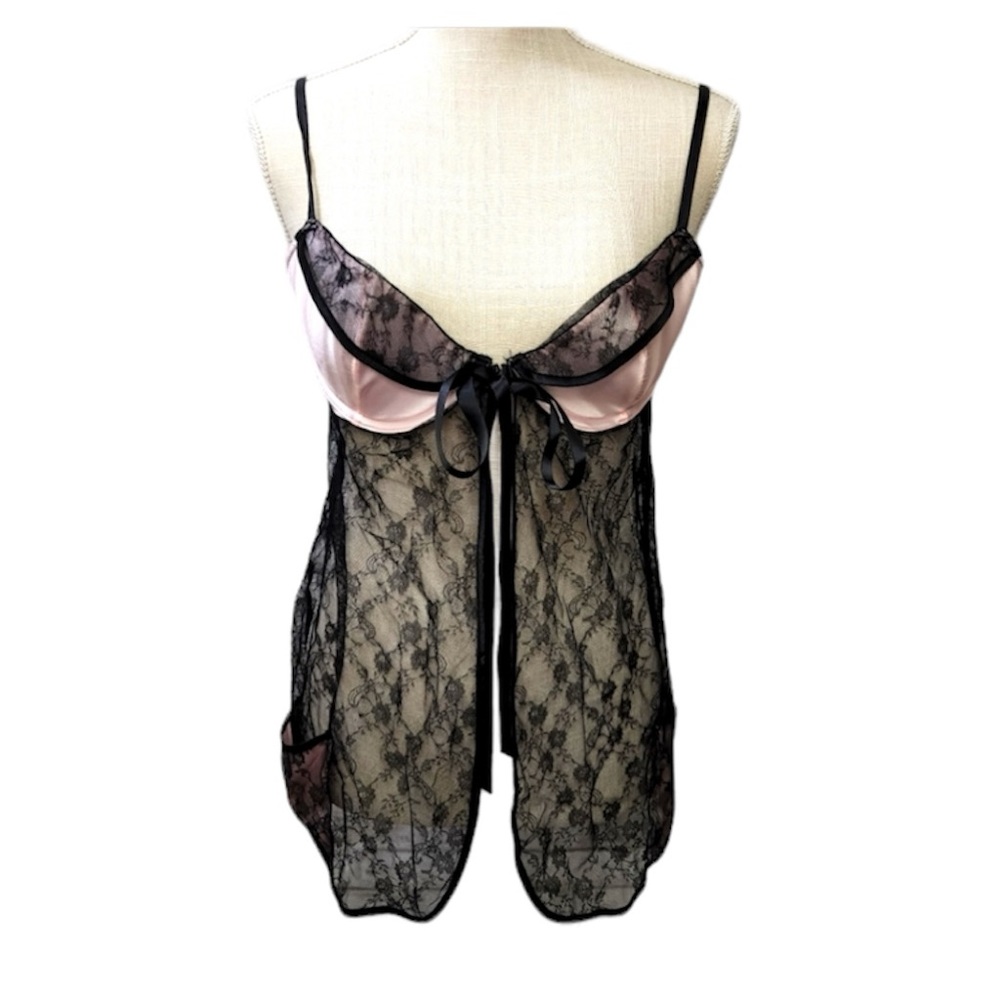 Victoria's Secret Pink Black Sheer Lace Front Tie Lingerie